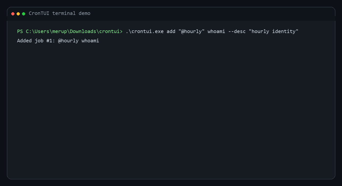 CronTUI Windows scheduling command and result
