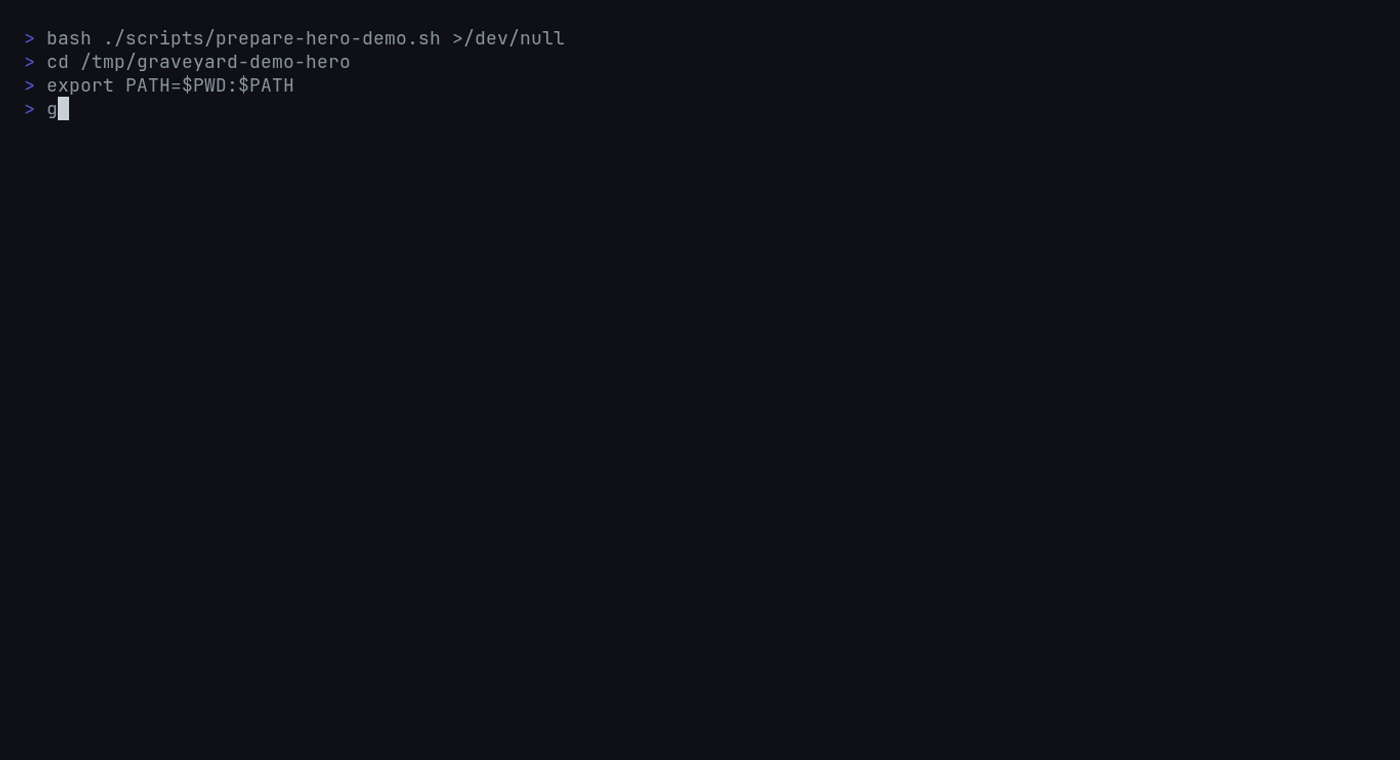 Animated terminal demo of graveyard scan followed by baseline diff in CI mode