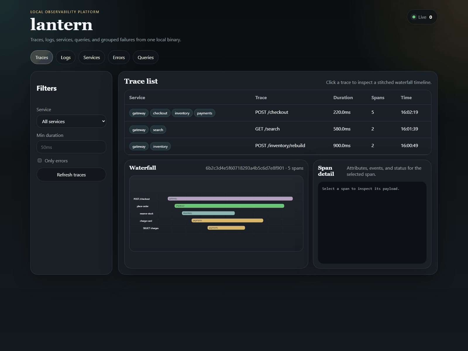 Lantern demo showing traces, logs, and UI flow